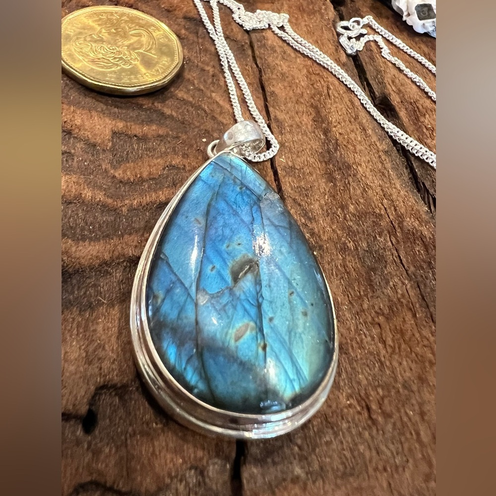Artisan NWT Bali Thailand Labradorite Sterling Necklace Teardrop Pendant Large